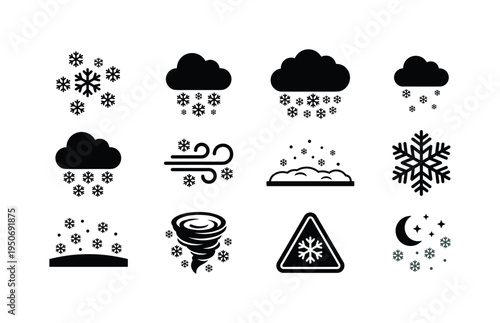 Falling snowflakes cluster icon, snow cloud with flakes symbol, heavy snowfall cloud icon, light snow flurry symbol, snow shower