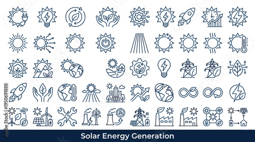 Sun powered electricity generation symbols and renewable energy elements associated with harvesting sunlight for sustainable power