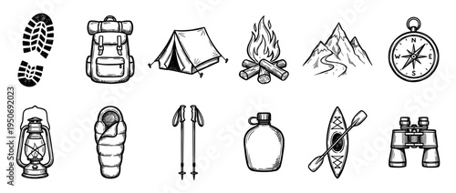 Set of hand-drawn camping and hiking icons featuring a backpack, tent, campfire, compass, and other outdoor adventure equipment in a black and white sketch style illustration