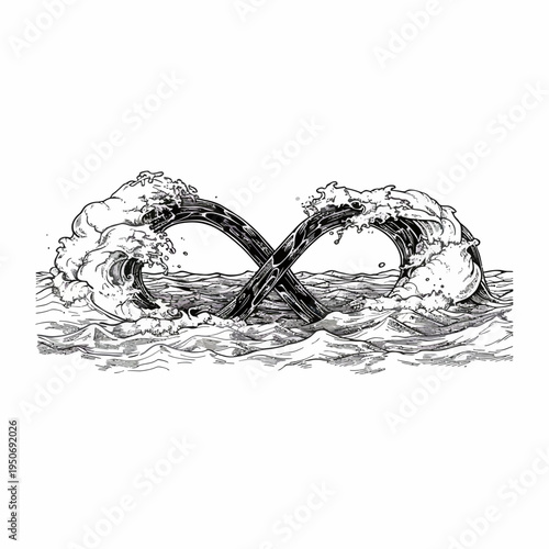 Ink drawing of infinity symbol formed by waves against white backdrop