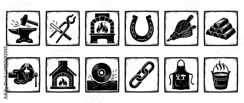 Collection of blacksmith and metalworking icons in a rustic black and white linocut style, featuring an anvil, hammer, forge, horseshoe, tongs, and other traditional crafting tools