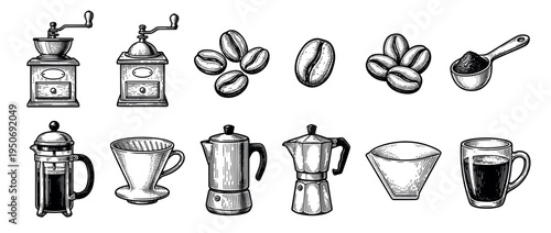 Hand-drawn coffee equipment and beans icon set in a vintage woodcut style, featuring a grinder, moka pot, french press, dripper, scoop, mug, and roasted beans
