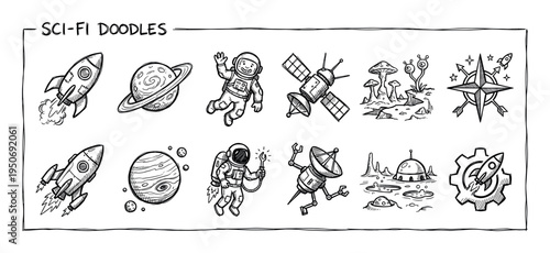 Hand-drawn science fiction doodle icon set featuring rockets, astronauts, planets, satellites, and alien life in a sketchy black and white ink illustration style for creative projects