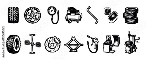 Set of black hand-drawn automotive service icons for tire fitting and wheel maintenance, featuring a tire, rim, jack, wrench, and balancing machine in a graphic sketch style