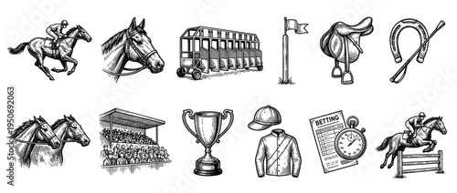 Collection of hand-drawn horse racing icons in a detailed vintage engraving style, featuring a jockey, saddle, starting gate, trophy, horseshoe, and betting slip elements