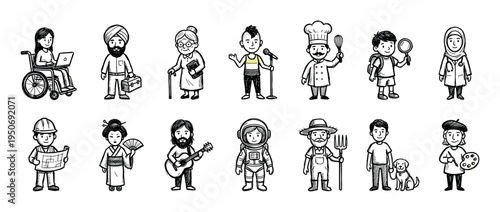 Diverse set of hand-drawn cartoon characters representing various professions, cultures, ages, and abilities in a simple black and white doodle style illustration collection