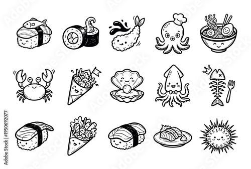 Cute set of kawaii Japanese seafood and food characters drawn in a charming black and white doodle style, featuring sushi, ramen, octopus, crab, and squid mascots