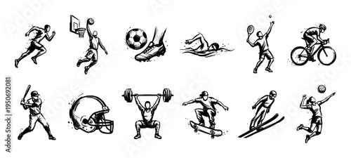 Collection of hand-drawn sport icons in a dynamic sketch style showing athletes in action, including running, basketball, soccer, swimming, tennis, cycling, and weightlifting