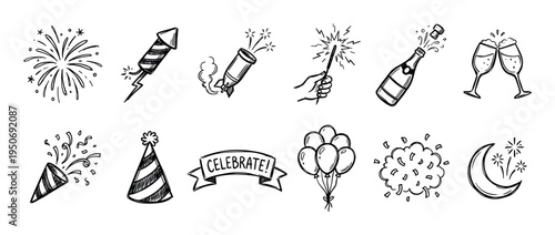 Hand drawn celebration icon set with fireworks, champagne, party popper, and balloons in a black and white doodle sketch style for festive holiday and new year events