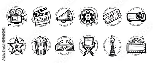Set of cinema and filmmaking icons hand-drawn in a black and white sketch style, including a camera, clapperboard, popcorn, film reel, and award statuette for movie production
