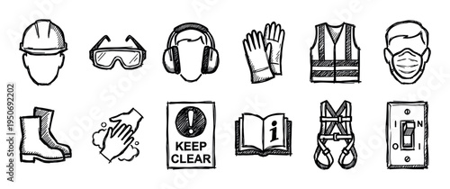 Hand-drawn personal protective equipment icons set showing various safety gear and workplace warnings in a black and white sketch doodle style for industrial health concepts
