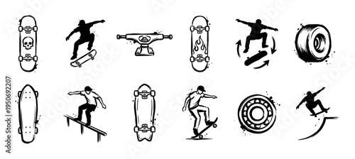 Collection of black and white skateboarding icons in a hand-drawn grunge style, featuring skater silhouettes performing tricks, various board decks, wheels, trucks, and bearings