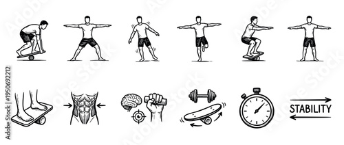 Hand-drawn sketch icon set illustrating balance and stability training with a person on a wobble board, core muscle diagram, and fitness equipment in a doodle style for workout concepts