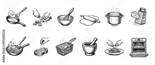 Twelve hand-drawn cooking process icons illustrating culinary steps like frying, chopping, whisking, baking, and boiling in a detailed black and white vintage sketch style illustration set