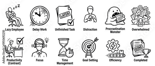 Set of hand-drawn icons illustrating procrastination and productivity concepts, contrasting laziness and distraction with focus, efficiency, and successful time management in a doodle style