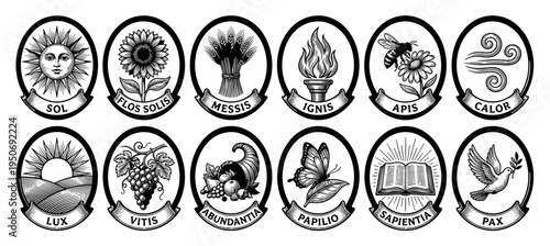 Collection of twelve vintage black and white icons with Latin words representing concepts like sun, harvest, peace, and wisdom in a classic engraved woodcut illustration style