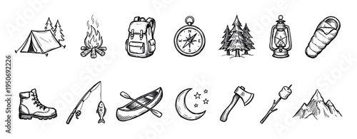Hand-drawn camping and hiking equipment icons featuring a tent, campfire, compass, backpack, and canoe in a black and white sketch illustration style for adventure tourism