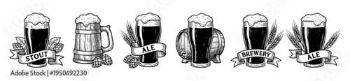 Set of vintage beer illustrations featuring glasses of stout and ale, a wooden tankard, hops, barley, and a barrel in a detailed black and white hand-drawn engraving style