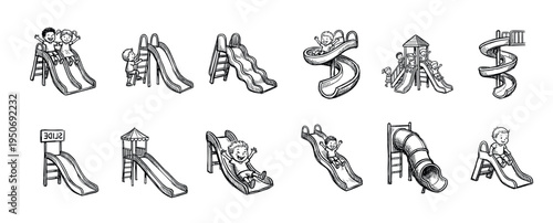 Collection of hand-drawn playground slides in various shapes, including straight, wavy, and spiral, with happy children playing on the equipment in a fun doodle style