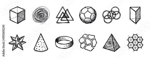 Collection of diverse hand-drawn geometric shapes and abstract forms is presented in a rough, sketchy, and illustrative style, conveying a creative and artistic mood