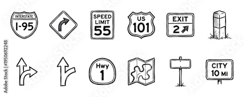 Collection of hand-drawn road signs and navigation symbols, including interstate, speed limit, exit, and direction arrows, presented in a doodle style