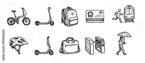 Collection of hand-drawn urban commuting icons illustrates various modes of transport and related items, rendered in a detailed sketch style with strong black lines