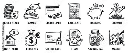 Hand-drawn finance and banking icon set featuring doodle illustrations of money, payment, savings, investment, credit, and market growth concepts in a simple black and white sketch style