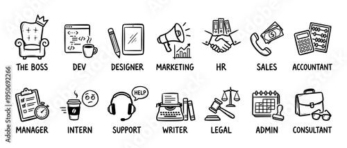 Set of hand-drawn doodle icons representing various business roles and company departments like boss, developer, sales, and HR in a simple black and white sketch style for corporate concepts