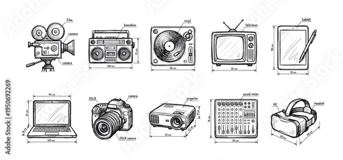 Collection of hand-drawn electronic devices and media equipment sketched in a technical blueprint style with dimensions and labels