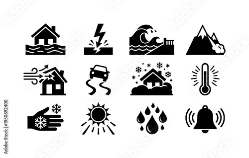 Flash flood house icon, lightning strike ground symbol, storm surge coastal icon, avalanche mountain warning symbol, extreme wind