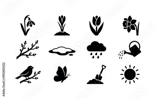 Snowdrop flower blooming icon, crocus sprout emerging symbol, tulip bud opening icon, daffodil flower silhouette, tree branch with