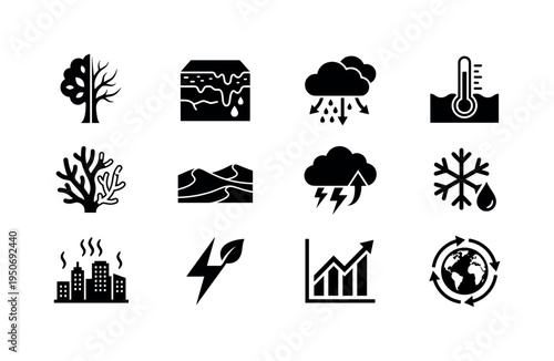 Half green half barren tree icon, melting permafrost ground symbol, shifting rainfall cloud icon, warming ocean thermometer symbol
