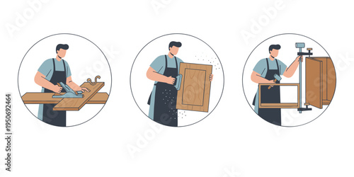 Carpenter working on wood, planing a board, sanding a panel, and assembling frame in a woodworking shop