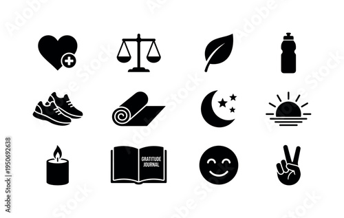 Green smoothie glass icon, hiking boots pair symbol, stopwatch workout timer icon, leafy vegetable bunch symbol, swimming swimmer