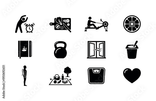 Morning stretch alarm icon, salad prep cutting board symbol, rowing machine icon, citrus fruit slice symbol, mindfulness journal