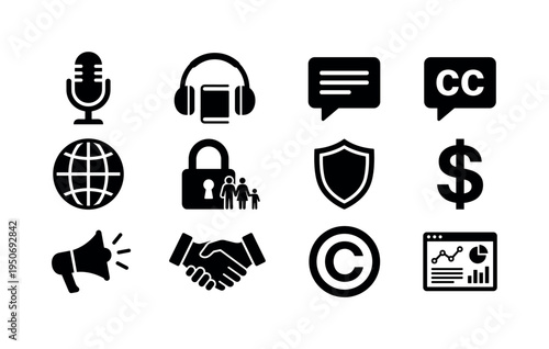 Collection of diverse business and legal icons representing various concepts and services