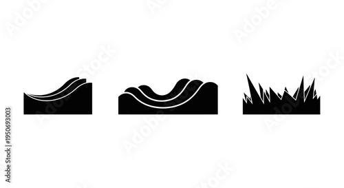 abstract black vector graphic elements depicting smooth waves rolling hills and sharp jagged grass for diverse design uses.