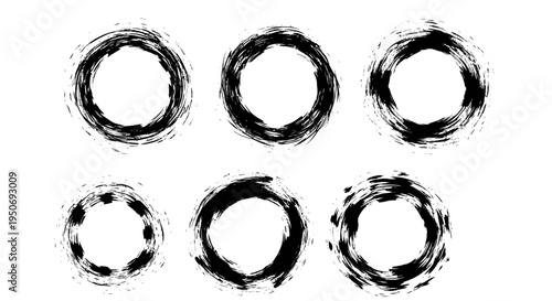 abstract brushstroke circles forming grunge frames on a clean white background ideal for graphic design elements or modern artistic concepts.