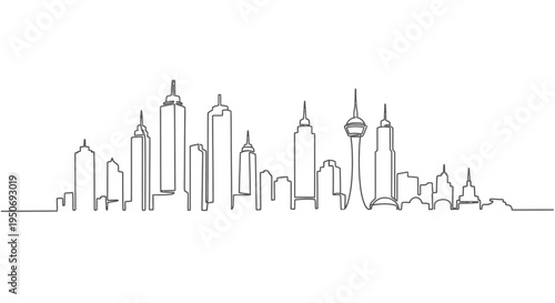 abstract continuous line drawing of a modern cityscape skyline with various buildings ideal for urban planning graphics