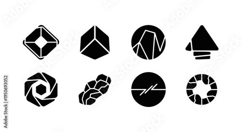 abstract geometric icons collection for modern graphic design showcasing dynamic shapes and conceptual symbols on a clean white background.