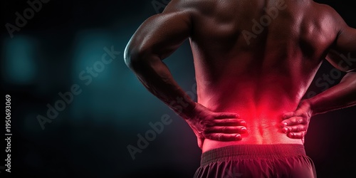 Strong muscular man holding lower back in pain with red inflammation area
