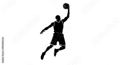 basketball player silhouette jumping for a powerful dunk or shot capturing dynamic athleticism for sports graphics.