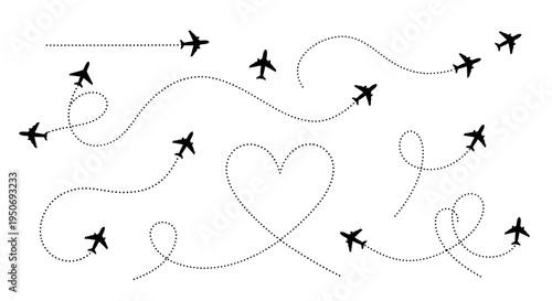black airplane flight paths tracing a heart shape and various routes symbolizing global travel romantic journeys and air transportation.