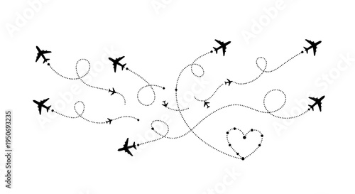 black airplanes flying along dotted routes forming loops and a heart shape symbolizing global travel and romantic journeys