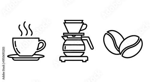 black and white line art coffee icons featuring a hot cup pour-over brew and roasted beans perfect for coffee shop menus