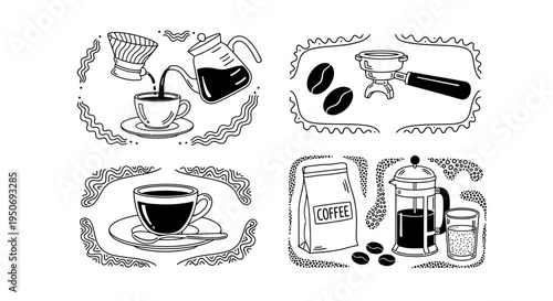 black and white hand-drawn illustrations showcasing diverse coffee making methods and equipment perfect for coffee shop menus or branding