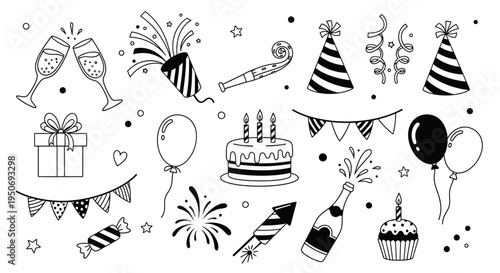 black and white party and celebration doodle illustrations a festive collection with cake balloons and champagne ideal for invites.