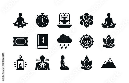 Seated meditation silhouette icon, prayer beads mala symbol, essential oil diffuser icon, peaceful face outline symbol, yoga block