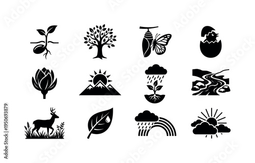 Dandelion blowing seeds icon, tree roots strengthening symbol, green sprout breaking rock icon, fish jumping in stream symbol,