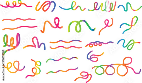 Abstract Color Lines Set. 3D Wave Shape Lines with Gradient. Vector Swirl Rainbow Ribbon Pattern. Doodle Color Organic Shaped Wavy Elements